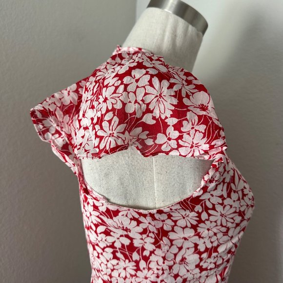 Burberry A Line Short Silk Dress Lace Flutter Sleeve Red White Floral Print Sz 6 - Picture 6 of 16